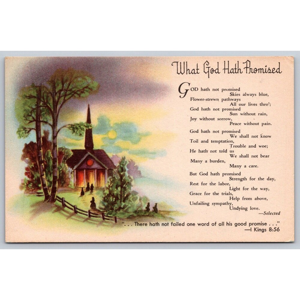 Vintage Postcard Christmas Church God Hath Promised Unposted c1940s 1 Kings 8:56